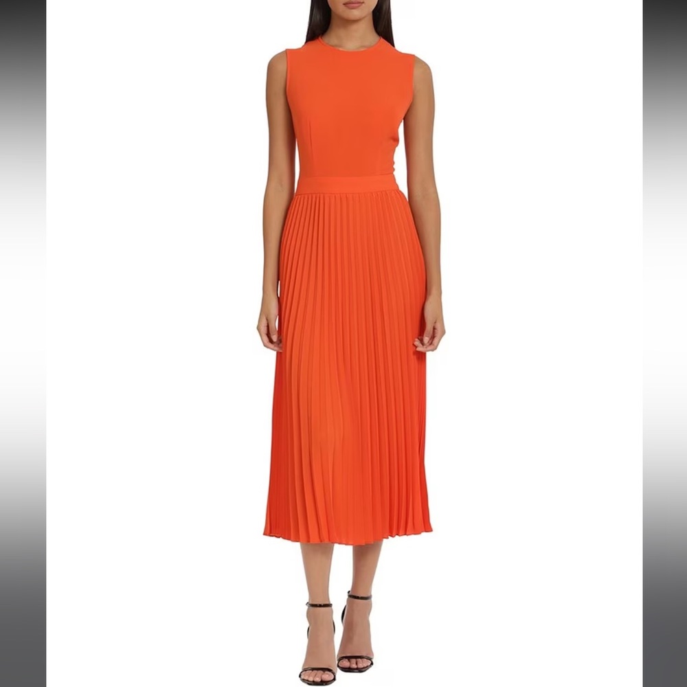 Donna Morgan Sunburst Pleated Sleeveless Crew Neck Crepe A-Line Midi Dress